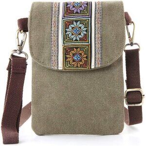Vintage Embroidered Canvas Small Flip Crossbody Bag Cell Phone Pouch for Women